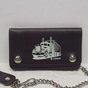 Vintage Dodson Brown Genuine Leather Truck Print Biker Leather Wallet With Chain